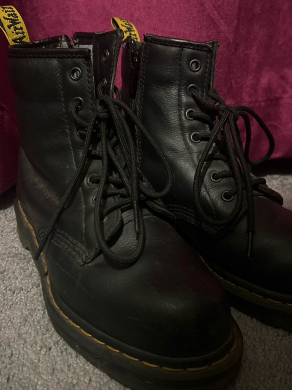 Dr. Martens steel toe Black Leather Lace-Up Boots with Yellow Stitching